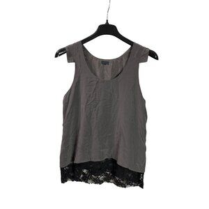 Wren Gray Silk Sleeveless Layered Tank Top Black Lace Hem Back Zip Detail